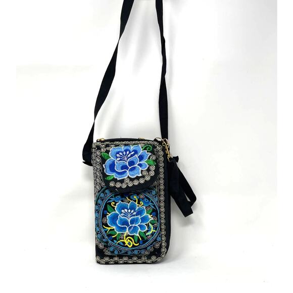 Blue & Black Rose Embroidery Tapestry Zip Around Crossbody Wallet~Made in Mexico - Picture 2 of 12